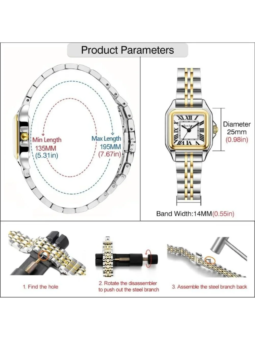Women's Silver& Gold-Black Square Dial Dainty Vintage Stainless Steel Band Watch